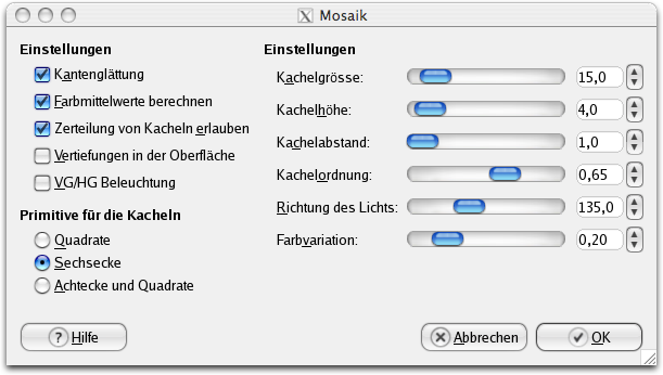 Eigenschaften für das Filter Mosaik